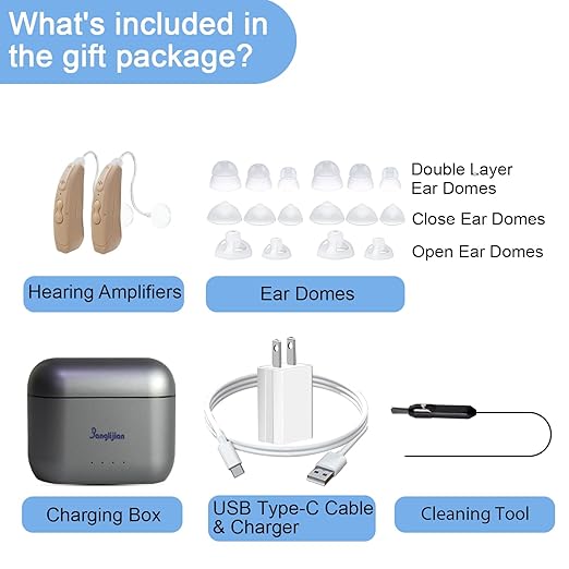 Banglijian Small Rechargeable BTE Hearing Aids for Moderate to Moderate-Severe Hearing Loss Seniors, 16-Channel Noise Reduction, Large Capacity Charging Box, Home & Travel Use (Beige)