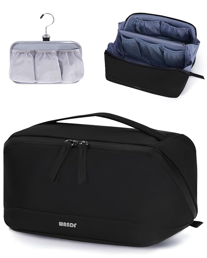 WANDF PU Leather Toiletry Bag for Men, Dopp Kit with Hanging Pouch | Water-Resistant Fabric, Travel Bag for Toiletries, Compact Storage, Shaving Accessories, Weekend Trips