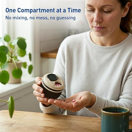 EZY DOSE Mini Pill Organizer, 4-Compartment Vitamin & Medication Case with Screw-Top Secure Seal + Sliding Dispenser, Compact Bottle-Replacement for Purse, Work, Cruise & Travel, Medium, Black/Cream