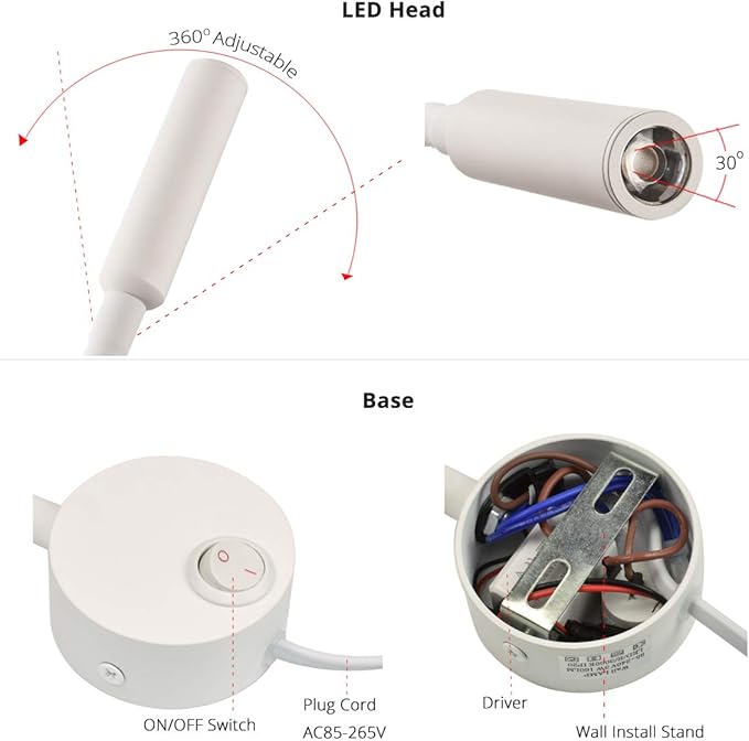 White Reading Lamps LED Wall Mounted Study Reading Light for Bed Headboard Gooseneck US Plug Corded-Electric Sconce Lamp Spot LED AC85-265V (6000K White)