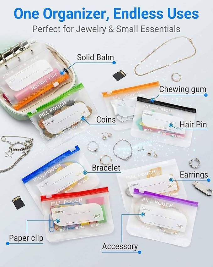 Waterproof Pill Organizer A8 Binder Set Pill Pouches for Travel 14PCS Bags Inside Large Zippered Pouch Bpa-Free Weekly Medicine Air Tight Pocket Color-Coded Reusable Travel Storage System