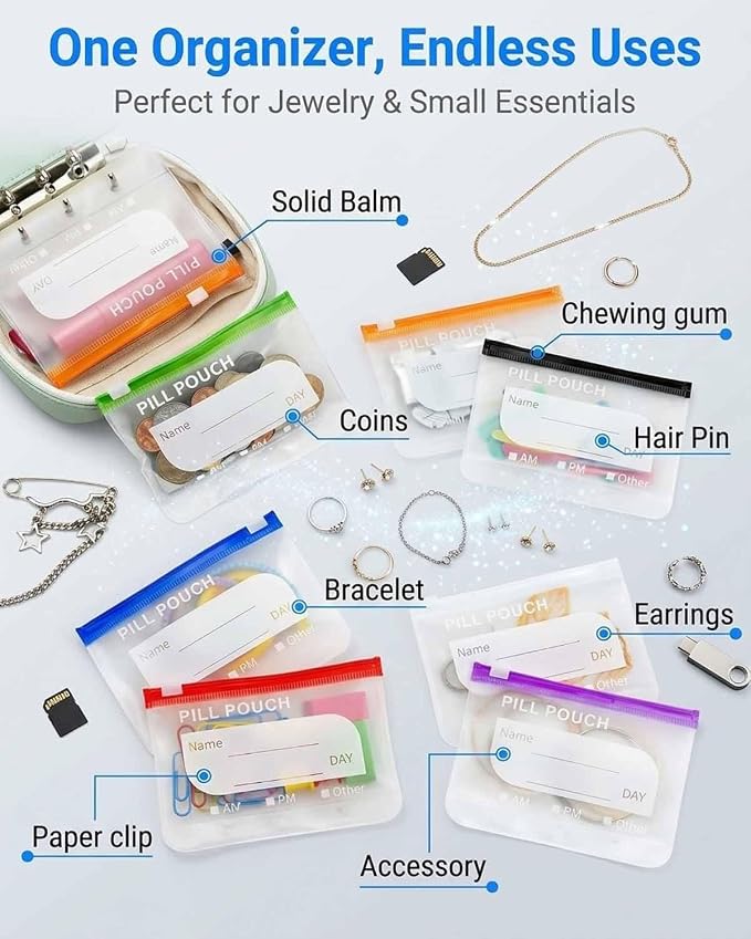 Waterproof Pill Organizer A8 Binder Set Pill Pouches for Travel 14PCS Bags Inside Large Zippered Pouch Bpa-Free Weekly Medicine Air Tight Pocket Color-Coded Reusable Travel Storage System