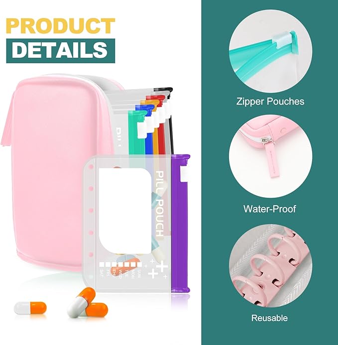 A7 Waterproof Pill Organizer with 7 PCS L Size Zippered Pill Pouches for A7 Binder, Large BPA-Free Weekly Medicine Organizer, Color-Coded Reusable Travel Pill Storage System