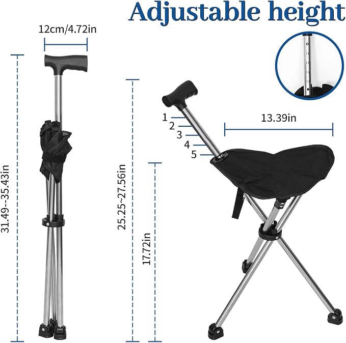 Cane with Seat Foldable Lightweight, Walking Cane with seat, Adjustable Walking Stick for Seniors & Elderly, with Padded Seat and Non-Slip Base for Outdoor Walking, Hiking, and Travel Assistance