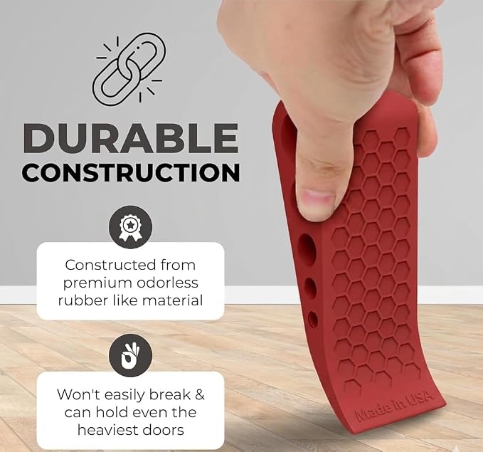 Door Stoppers for Bottom of Door Premium Floor Rubber Door Stop Wedge Made in USA Heavy Duty Honeycomb Design for Carpet, Tile, Ideal for Home, School, Commercial,Red 3 Pack