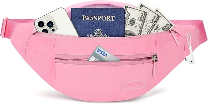MAXTOP Large Pink Fanny Pack for Women Trendy Cross body Bag with Key Chain | 4-Zipper Pockets,Nylon,Adjustable Strap, Ideal Gift for Theme Park Shopping Traveling Running