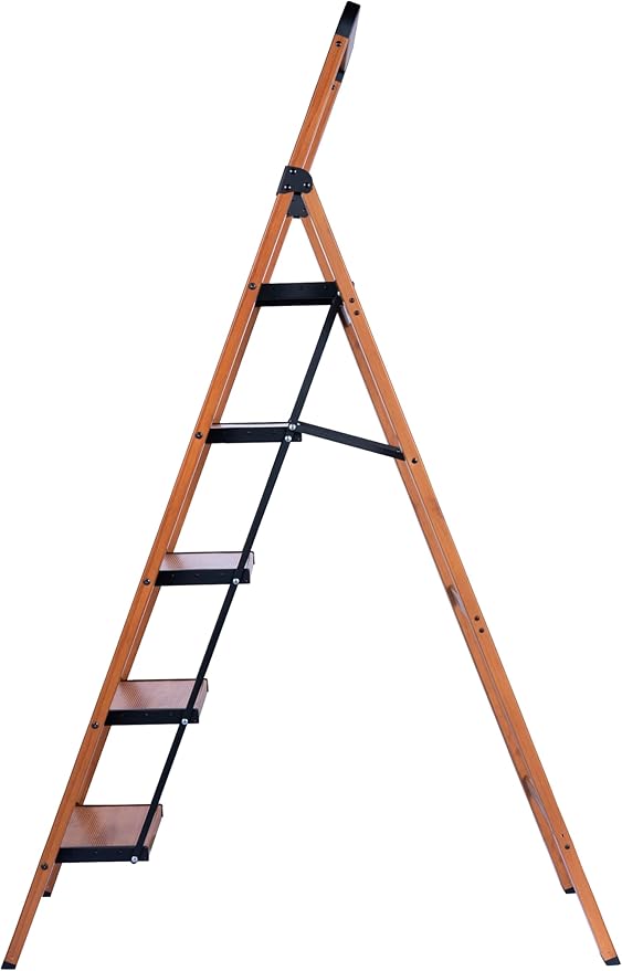 Step Ladders Folding 5-Step Woodgrain Finish Aluminum Foldable Step Stool,Anti-Slip Portable Sturdy for Home & Kitchen Office 330 lbs