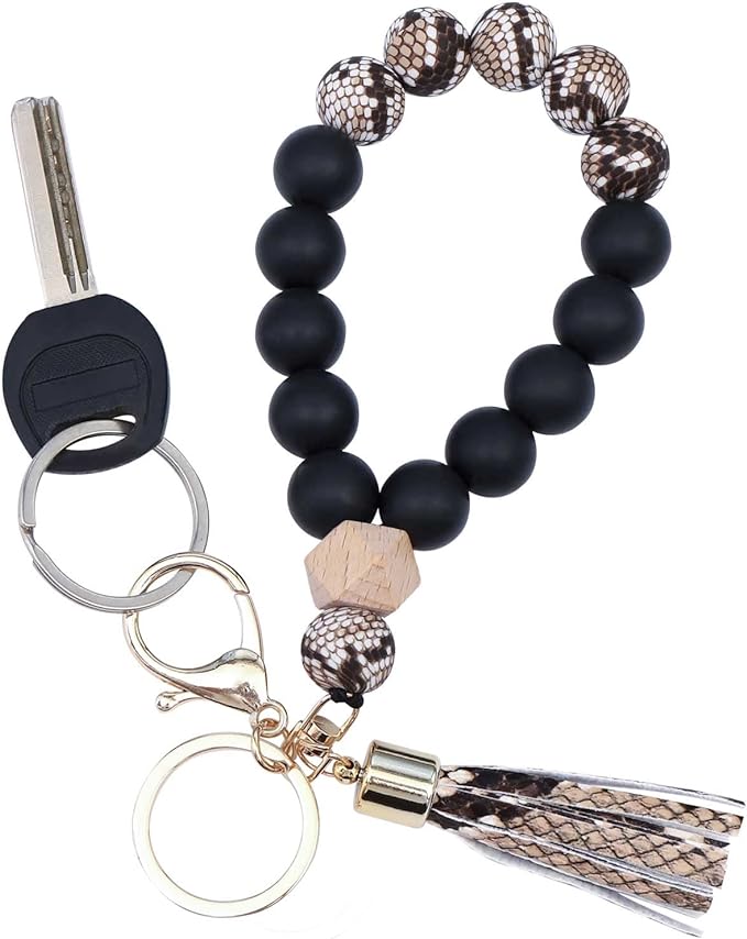 BAOSIWA Silicone Key Ring Bracelet Wristlet Keychain Unique Beaded Bangle Key Chains for Women with Leather Tassel