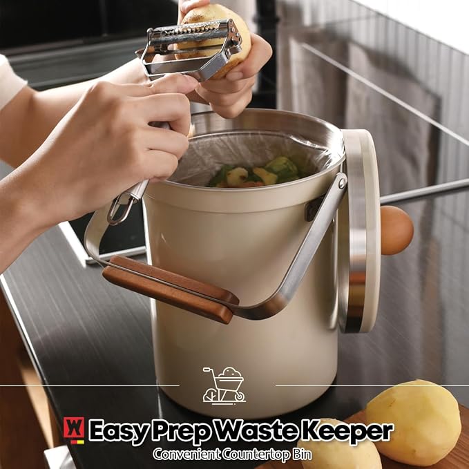 WAGENSTEIGER Kitchen Countertop Compost Bin 101ounces / 3Liters, Airtight Lid SUS304 Stainless Steel Odor-Free Food Waste Bin with Wooden Handle Stylish Design Bathroom Trash Can (Off-White)
