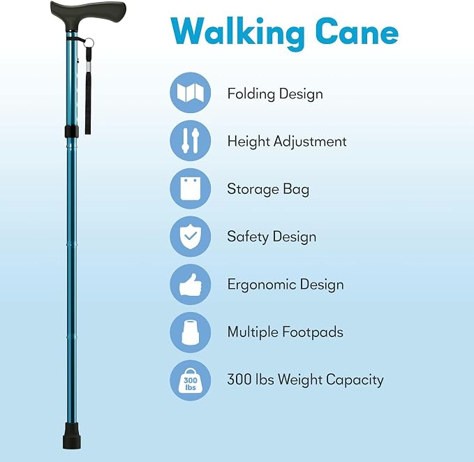 Foldable Walking Cane for Men & Women, Lightweight Aluminum Adjustable Cane with Ergonomic Handle, Non-Slip Rubber Base, Walking Sticks for Seniors Balance,Collapsible Cane for Assistance Travel