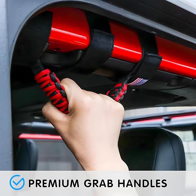 2PCS Car Roll Bar Grab Handles, Oxford Cloth American Flag ATV Paracord Grip Handle with Metal Buckle, Heavy Duty UTV Roll Cage Grab, Compatible with Wrangler JL, JT, JK (Red)