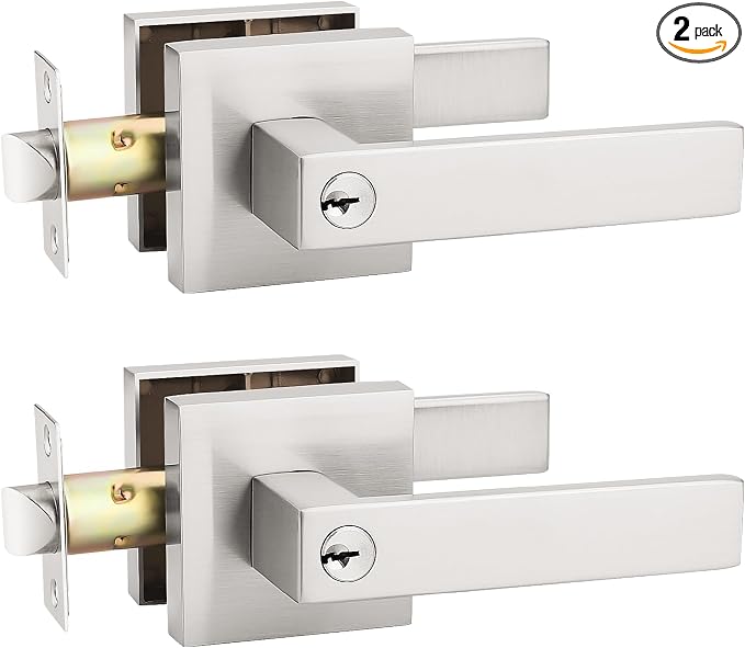 KNOBWELL 2 Brushed Nickel Door Knob with Lock and Key, Keyed Entry Door Leversets for Bedroom/Bathroom/Front Door/Gate/Garage(Different Keys)