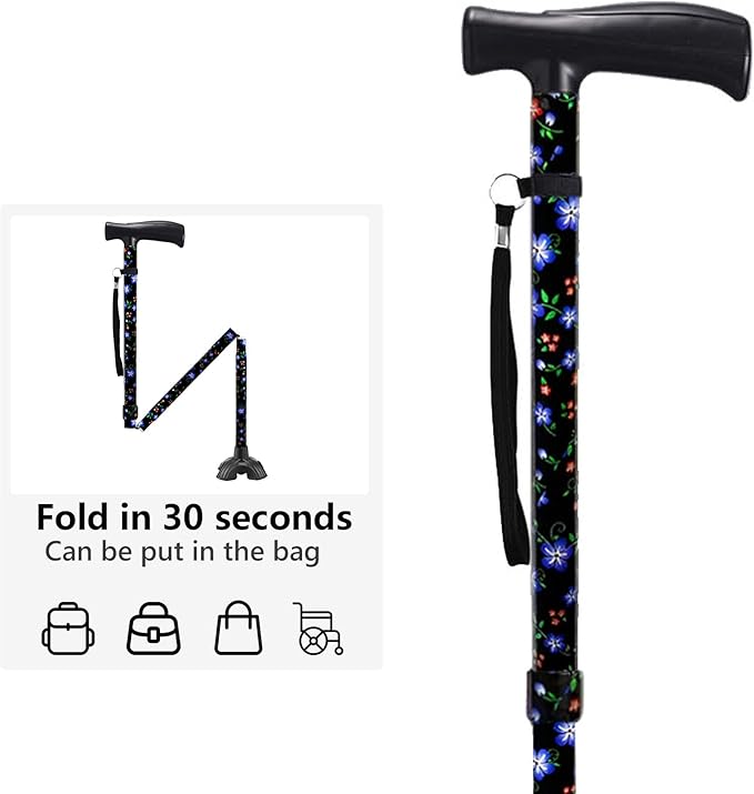 Floral Canes for Women Folding Cane for Stability with Non-Slip Base, Adjustable Walking Cane for Seniors - Lightweight Collapsible Walking Sticks with T & Offset Handle