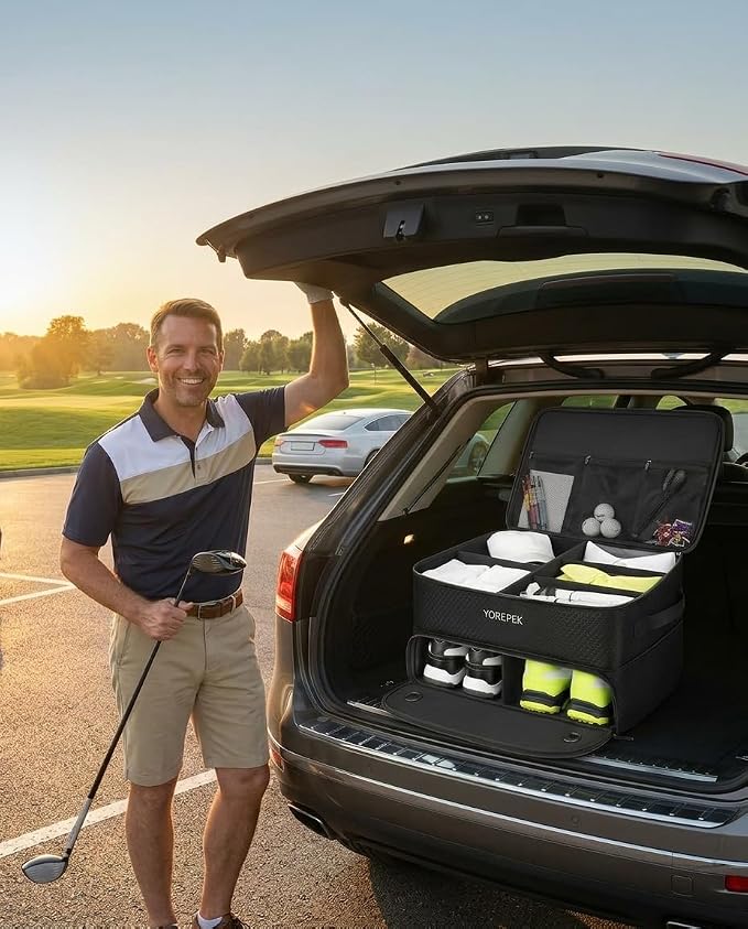 YOREPEK 2 Layer Golf Trunk Organizer, Golf Gifts for Men with Separate Ventilated Compartment for 2 Pair Shoes, Waterproof Car Trunk Locker for Balls, Tees, Clothes, Gloves, Gifts for Golfers
