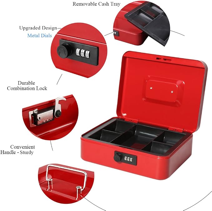 Jssmst Large Cash Box with Combination Lock – Durable Metal Cash Box with Money Tray Red(9.8 x 7.9 x 3.5), SM-CB07003L