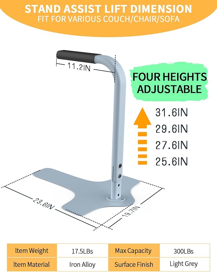 yeezoo Couch Stand Assist, Chair Couch Lift Assist for Elderly sit to Stand, 25.6"/27.6"/29.6"/31.6" Four Heights Adjustable(Light Grey, Max 300LBs Capacity)