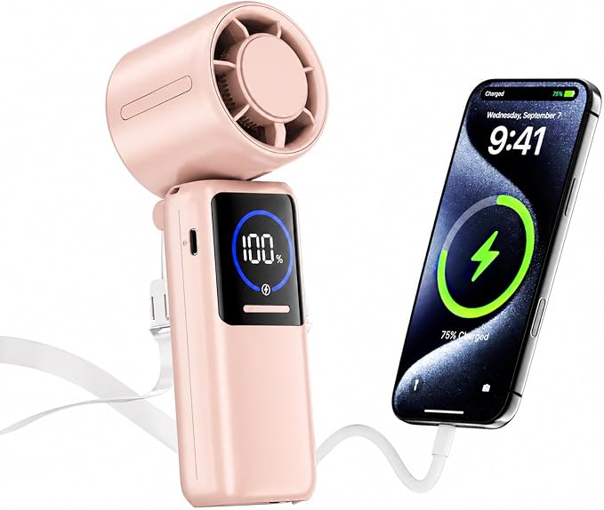 Turbo Portable Handheld Fan, 15000mAh Rechargeable Personal Fan for Travel | 15m/s Foldable Neck Fan with 100 Speeds, Up to 50H Runtime, Built-in USB-C Output and Display for Concerts and Outdoors