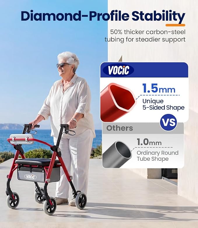 VOCIC Z11 Rollator Walkers for Seniors with Seat, 500 LBS Load, Ultra Wide | High-capacity support, 23" wide frame, ergonomic seat, dual brakes, and slim fold for home, shopping & daily walks, Red