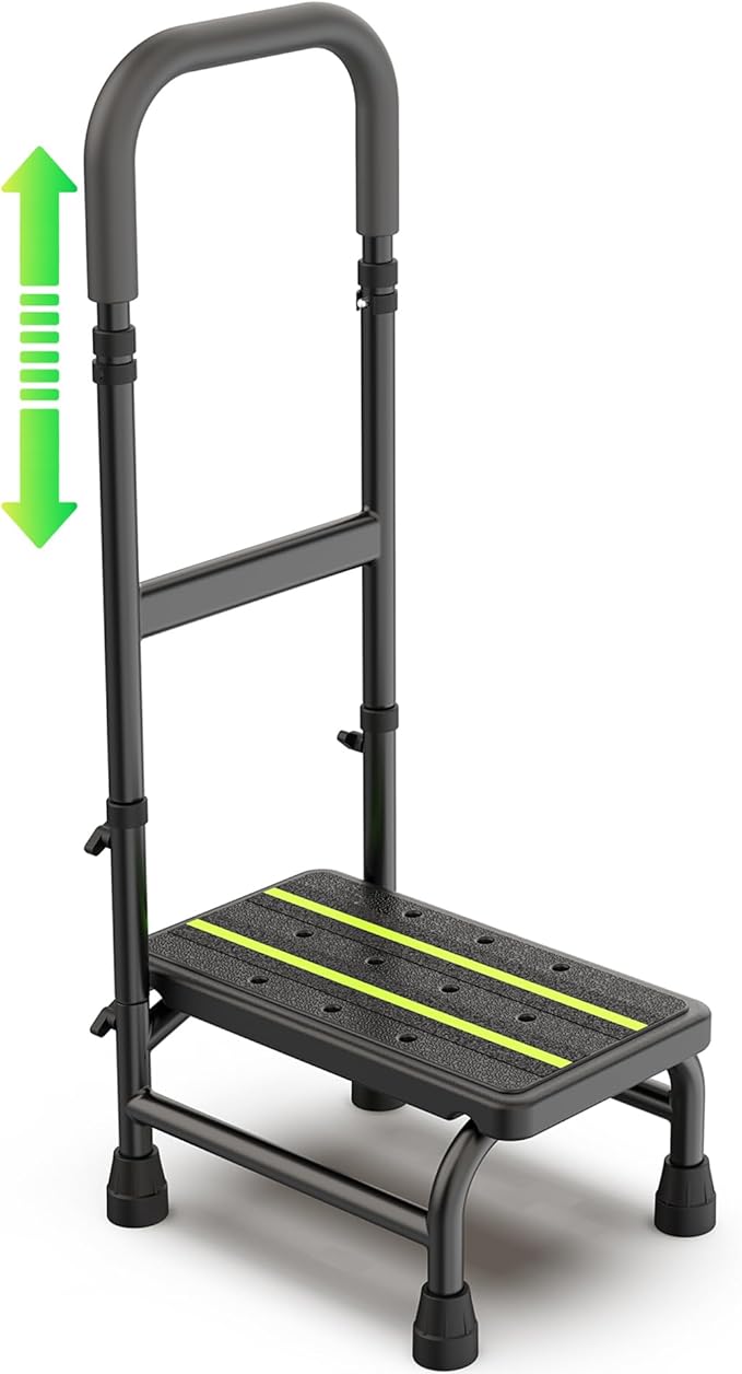 Step Stool with Handle for Elderly Adults, Non Skid Platform & Adjustable Handrail, Medical Stepping Stool for High Bed Mobility & Daily Living Aids, Bedside Car Stair Lift for Senior 350lbs