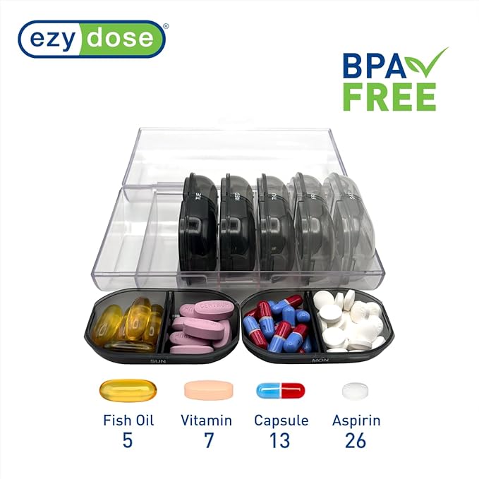 EZY DOSE Weekly (7-Day) Daily Individual AM/PM Pill Organizer with Case, Portable Medication Dispenser, Travel-Friendly Durable Pill Container, 2X Day Compartments for Vitamins and Supplements, Black