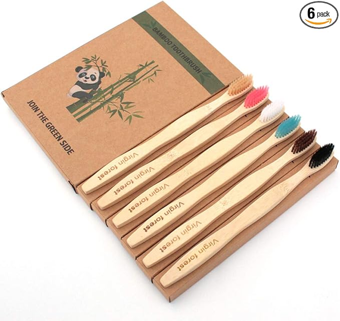 Virgin Forest Bamboo Toothbrushes, Eco-Friendly Soft Bristles Toothbrush, Biodegradable Wood Toothbrush Set of 6