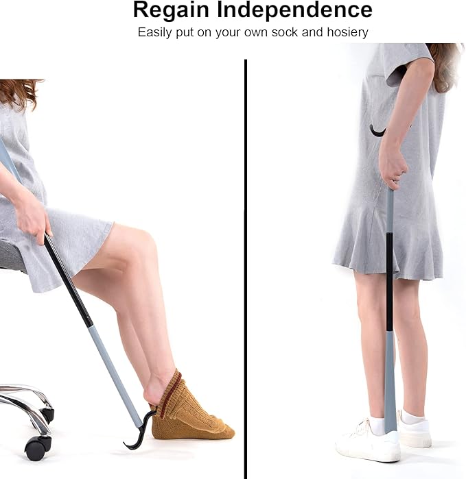 35" Long Dressing Stick with Shoe Horn with Sock Removal Tool, Adjustable Extended Dressing Aids for Shoes, Socks, Shirts and Pants Grey and Black