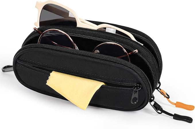Double Eyeglasses Case Soft Portable Zipper Sunglasses Pouch with Keychain Clip for Men Women