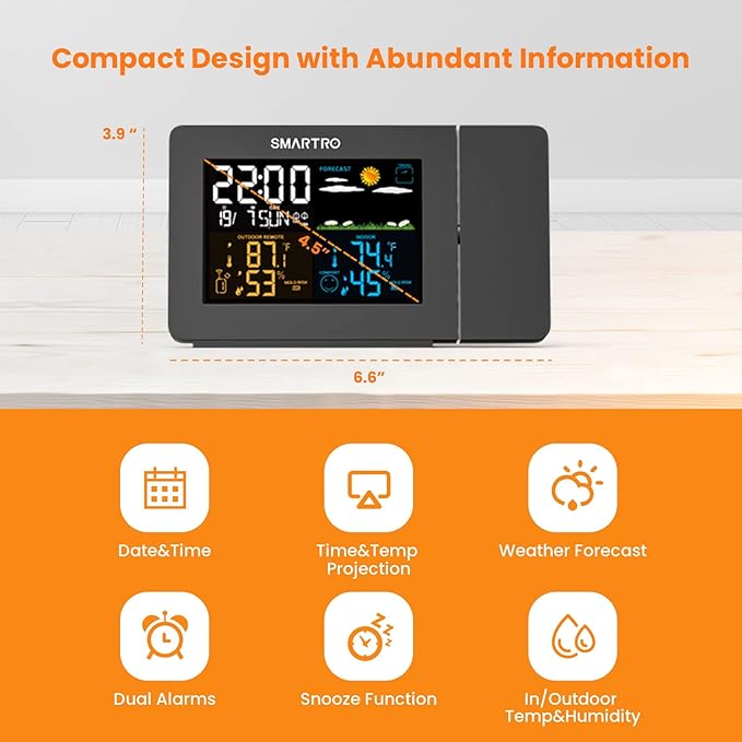 SMARTRO SC91 Projection Alarm Clock for Bedrooms with Weather Station, Wireless Indoor Outdoor Thermometer, Temperature Humidity Monitor Gauge Hygrometer