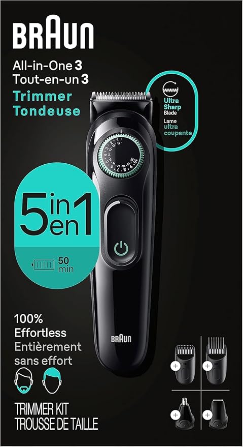 Braun All-in-One Style Kit Series 3 3450, 5-in-1 Trimmer for Men with Beard Trimmer, Ear & Nose Trimmer, Hair Clippers & More, Ultra-Sharp Blade, 40 Length Settings and Washable