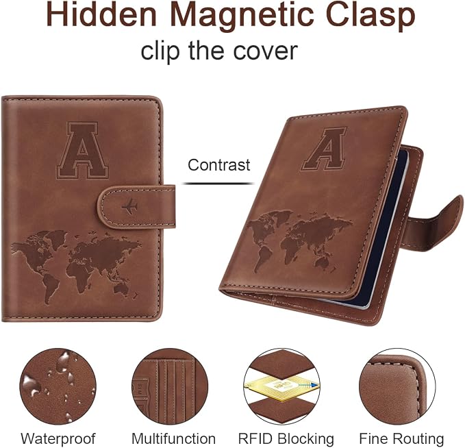 Passport Holder Wallet Cover Personalized Initial Travel Essentials | Embossed Letter A-Z Design, Travel Wallets, RFID Blocking, Passport Book Holders, Women Men, Personalized Gifts, Brown-A