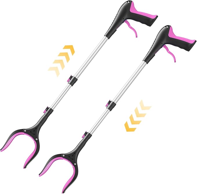Telescopic Grabber Reacher Tool, 5-Level Adjustable Length (23'' to 41'') - Trash Claw Gripper, Pickup Stick for Litter Picking, Yard Work, and Seniors (Pink-2PC)