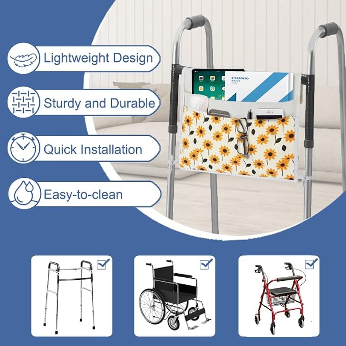 TOGETRUE Walker Bag, Easy Access Walker Storage Basket with 2 Large Pockets, Walker Accessories Bag for Folding Walker, Wheelchairs, Strollers, 13"x14.5" (Daisy)