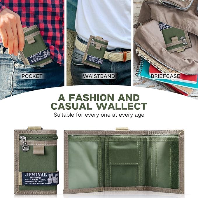 JEMINAL Trifold Wallet for Men Canvas Outdoor Sports Keychain Wallet with Multiple Card Slots and ID Window Green