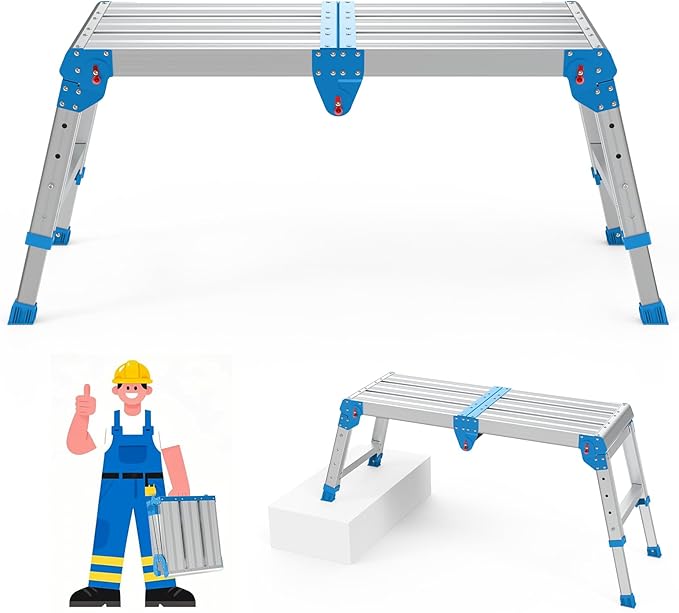 Work Platform 500 Lbs, Foldind Step Stool with One-Touch Automatic Fold, 4 Height Adjustment Step Platform, Perfect for RV Cleaning, Home Painting and Reaching High Places, Larger, Blue