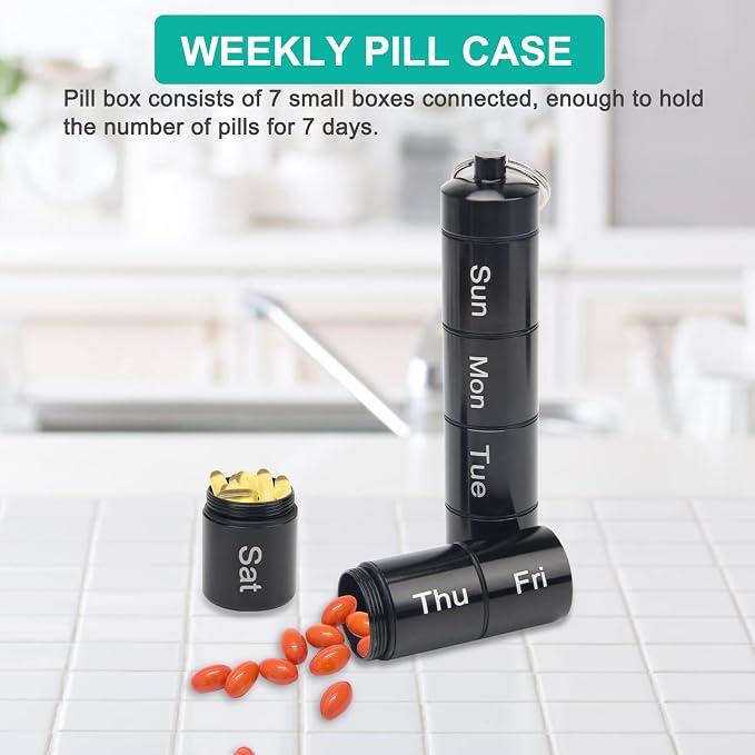 Small Portable Pill Case Keychain for Travel, AngleKai 2 Pack Pill Organizer Box, Waterproof Tablet Container Weekly Medicine Bottle Organizer (Black and Silver)