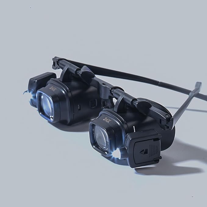 24X Headband Magnifying Glasses with 2 LED Lights, Hands-Free Head Mount Magnifier with 4 Sets of Interchangeable Lenses (2X, 6X, 10X, 24X) for Jewelry Loupe, Watch Repair, Crafting and Reading