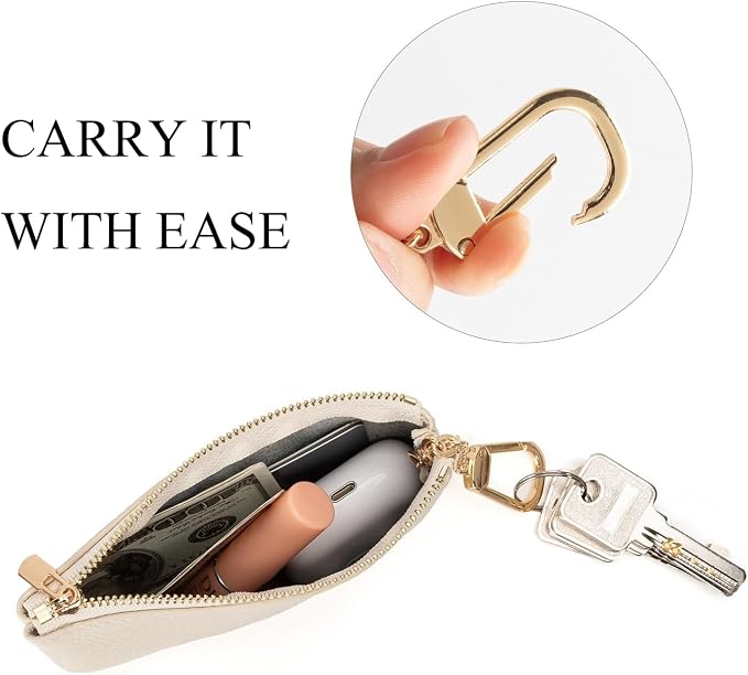 Full Grain Leather Coin Purse with Key Chain - Small Change Purse Keychain Card Holder Keychain Pouch Small Keychain Wallet for Women and Men (Creamy-white, Large Size)