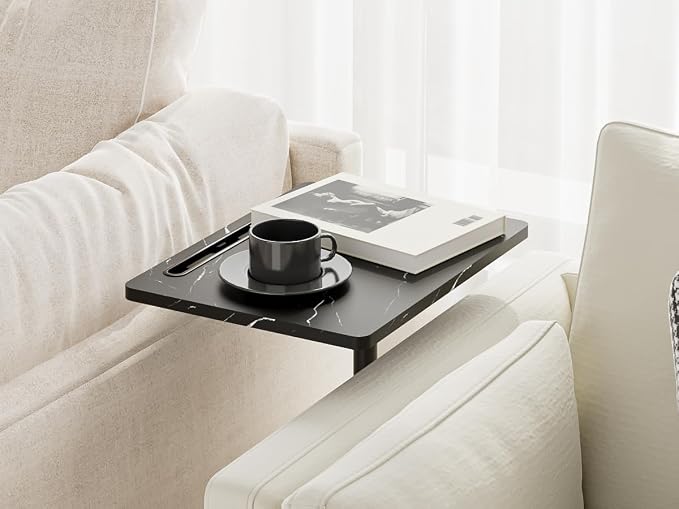 Masupu Sofa Arm Tray Table - 360° Swivel Height Adjustable End Table, Small Snack Side Table for Couch, C Shaped Table for Bed, Chair or TV Tray Table(Marble Black)