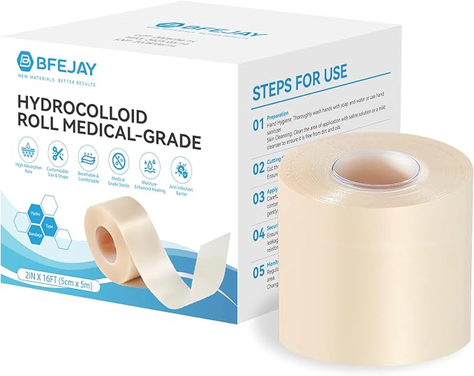 Hydrocolloid Bandages for Wound Care, Medical-Grade Hydrocolloid Roll with Self-Adhesive, Ultra Absorbent, Flexible & Waterproof, Cut-to-Size First Aid Kit Essential (2in*16ft)