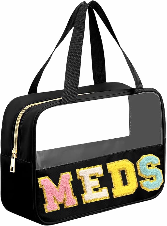 Chenille Letter MEDS Bag Clear Medical Medicine bag for Traveling Preppy Emergency Patch Bag with Handle and Zipper Waterproof Nylon Portable Makeup Bag for Women