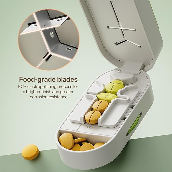 Pill Cutter Splitter for Small and Tiny Large Pills,Adjustable Pill Splitter Push-Button Cuts into 1/2, 1/3, 1/4，Comes with a Small Brush and a Medicine Storage Box (Orange, Press-Cut)