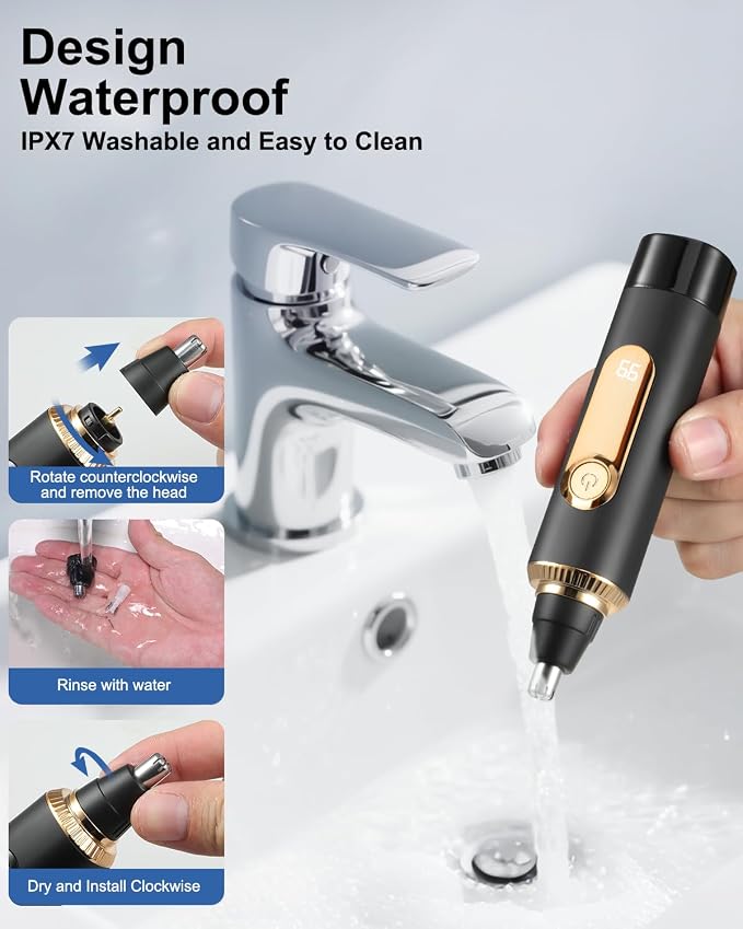 Nose Hair Trimmer for Men and Women,2026 Professional Painless IPX7 Waterproof Eyebrow & Facial Hair Trimmer,USB Rechargeable with LED Display Dual-Edge Blades for Smoother Cutting,BlackGold
