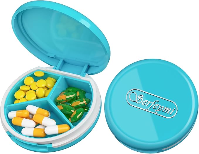 Serfeymi Small Pill Case for Purse, Unique Artistic Patterns Travel Pill Box with 3 Compartments, Portable Mini Pill Organizer for Pocket, Decorative Pill Container for Purse - Light Blue(Logo)