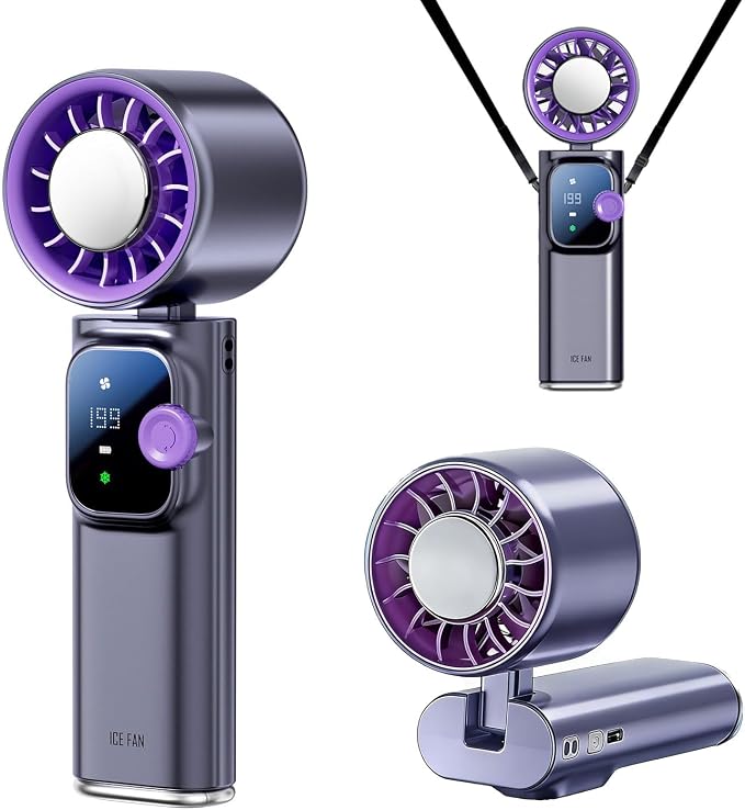 Portable Handheld Fan with Ice Cooling Personal Rechargeable Mini Neck Fan | 199-Speed 20000RPM 4000mAh Battery Powered up to 15hrs, LED Display Foldable & Hangable for Travel, Camping & Outdoor, Purple