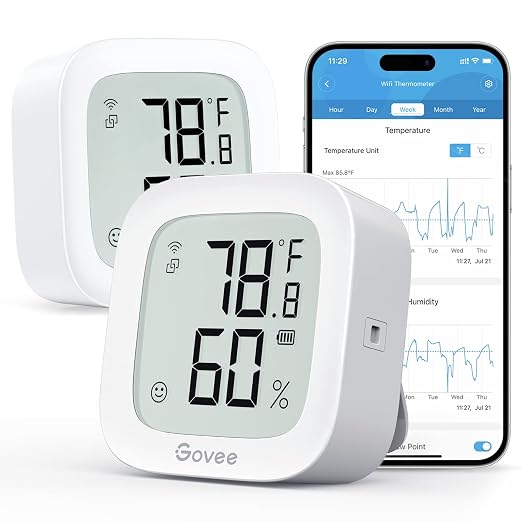 Govee WiFi Thermometer Hygrometer H5103 with Electronic Ink Display 2 Pack | Temp and humidity monitor with alert, 2.4G WiFi & Bluetooth, 2-yr data export. For bedroom, wine cellar, basement