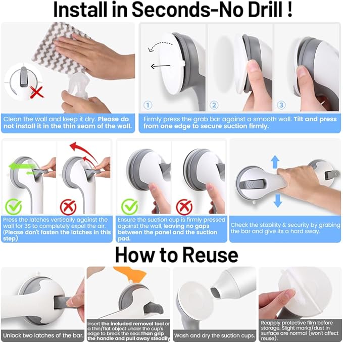 2 Pack Grab Bars for Shower Handle, Elderly Assistance Products, Seniors Removable Bar Safety, Suction Cup Handles for Bathtubs and Showers/Bathroom/Walls, Heavy Duty Handrails Grip 500lbs,No Drilling