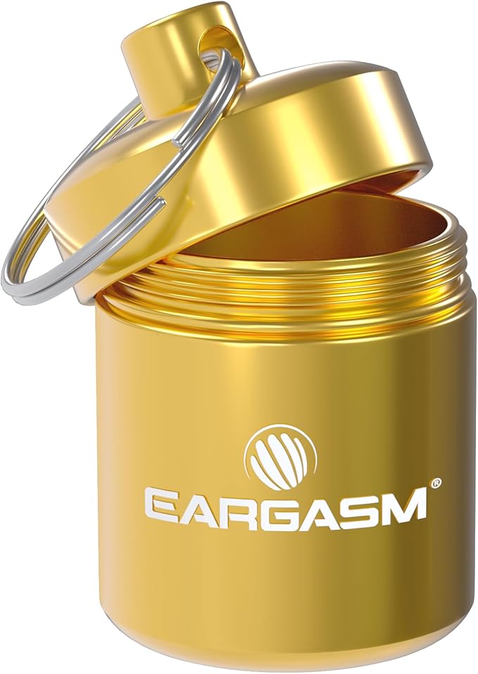 Eargasm Keychain Earplug Travel Carrying Case - Convenient Metal Waterproof Keychain Container Perfect for Traveling with Ear-Plugs, Pills, Medicine and Small Items On-The-Go - Gold, 1.06 in x 1.6 in