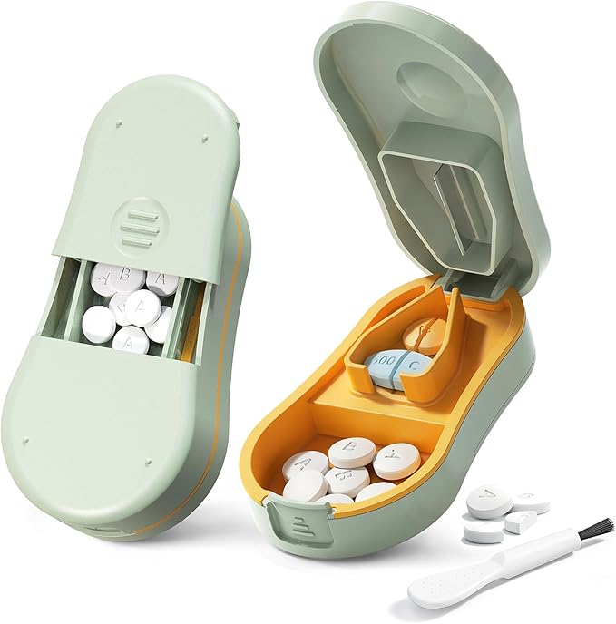 Pill Cutter Splitter for Small and Tiny Pills - 1/2 Accurately Cuts -Easy Open Snap Button.Wrap-Around Blade Guard Prevents Cuts. Detachable V-Shaped Pad. Back Storage(Green)