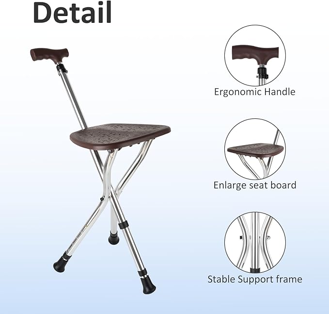 Cane with Seat Folding Lightweight,Cane Chair for Seniors Balance Supports Up to 265 Pounds,Walking Stick Height Adjustment，Anti-Slip Walking Stick for Elderly Men, Disabled
