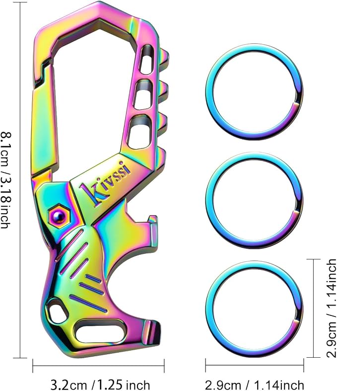 Kivssi Heavy duty metal keychains, Carabiner clip Car key chains,Fashion family keychain bottle opener and 3 Key Rings suitable for men and women.（Multicolor-1pcs）